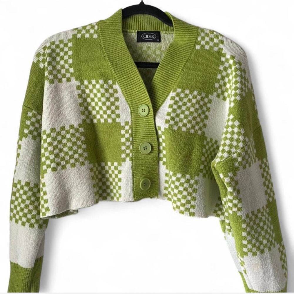 Cider Green and White Checkered Cardigan